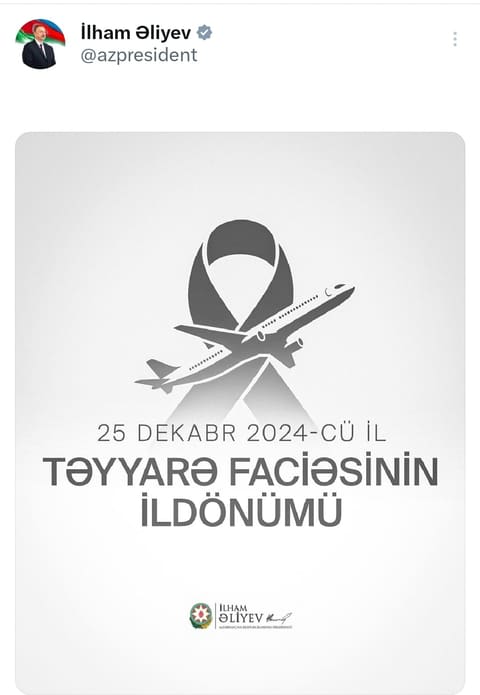 İlham Əliyev qəzaya uğramış AZAL təyyarəsinin ildönümü ilə bağlı paylaşım edib