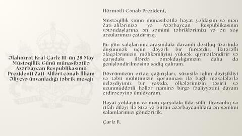 Böyük Britaniya Kralı III Çarlz Prezident İlham Əliyevə təbrik məktubu ünvanlayıb