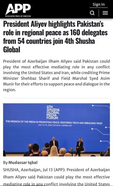 Prezident İlham Əliyevin IV Şuşa Qlobal Media Forumundakı çıxışı Pakistan və Avropa mediasının diqqət mərkəzində olub