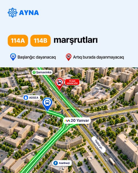 “20 Yanvar” metrostansiyası və “Şamaxinka” ətrafında bəzi marşrutlar dayanacaq məntəqələrindən çıxarılır