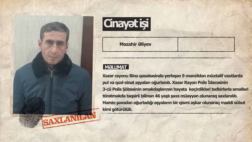 Binədə 9 mənzildən oğurluq edən şəxs həbs edilib