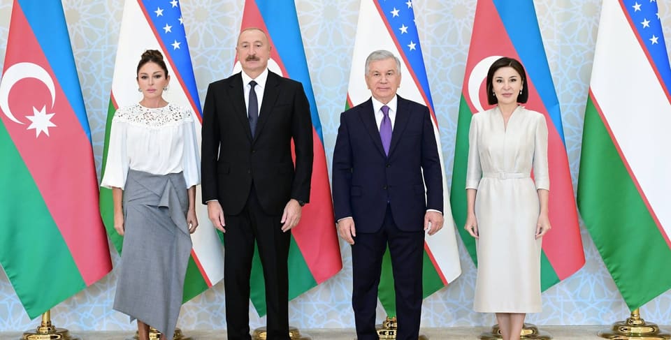 Presidents and First Ladies of Azerbaijan and Uzbekistan Take Joint Photo at Kuksaroy State Residence