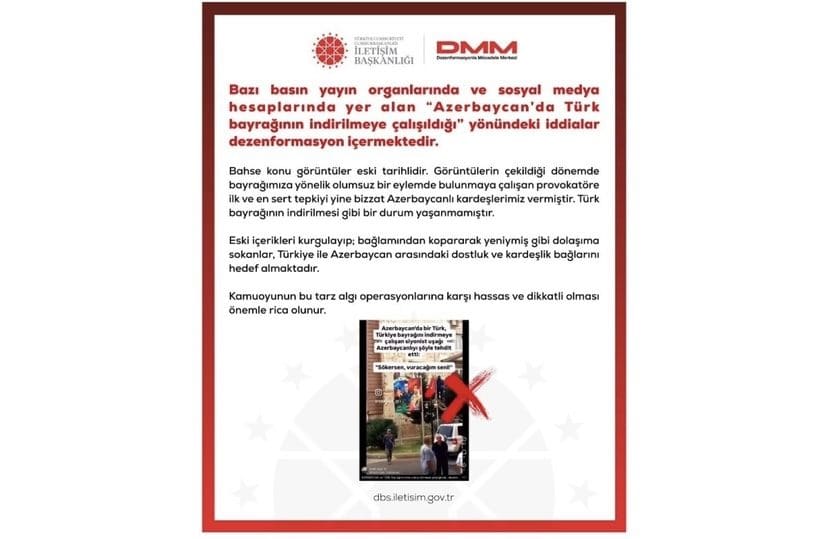 Türkiyə PA: Türkiyə bayrağının Azərbaycanda endirilməsinə cəhd iddiaları dezinformasiyadır