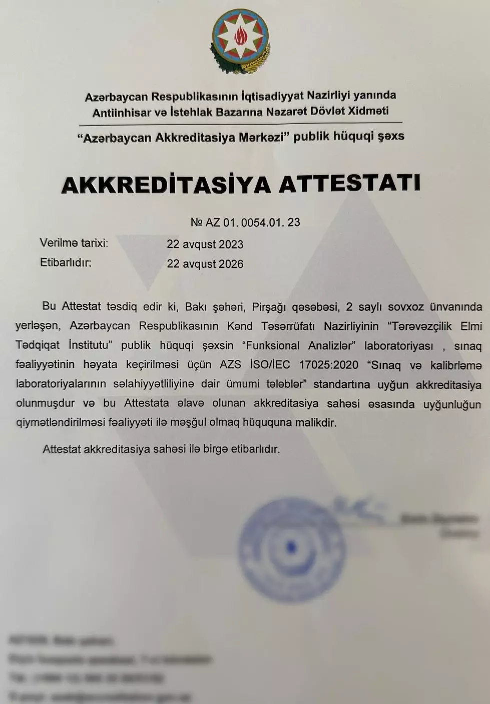 Tərəvəzçilik Elmi Tədqiqat İnstitutunun laboratoriyası akkreditasiyadan keçib