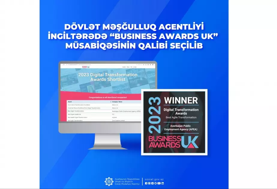 Dövlət Məşğulluq Agentliyi İngiltərədə “Business Awards UK” müsabiqəsinin qalibi seçilib