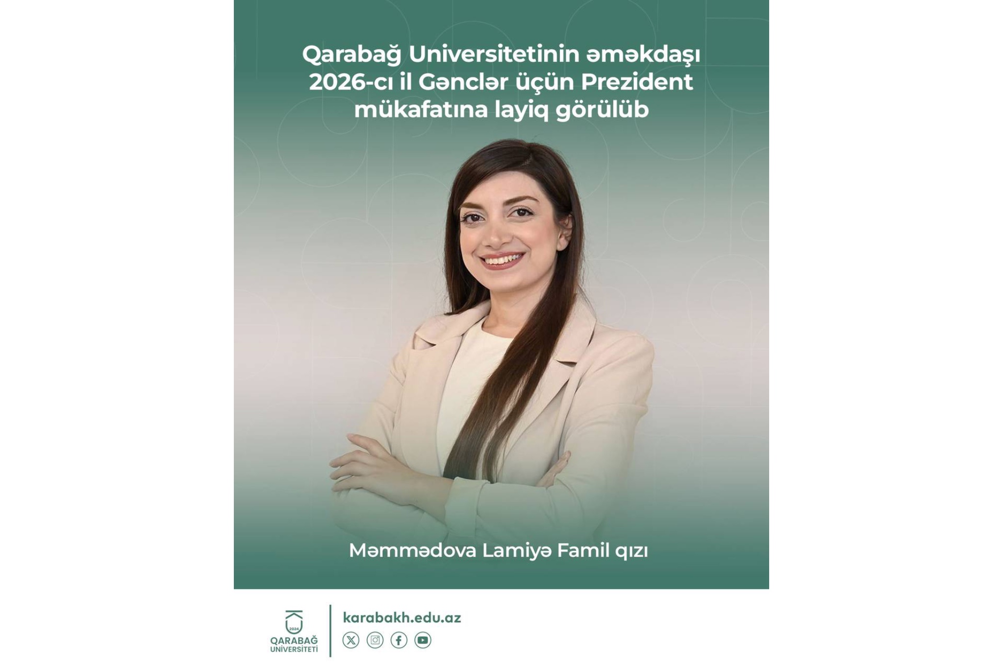 Qarabağ Universitetinin əməkdaşı Prezident mükafatına layiq görülüb