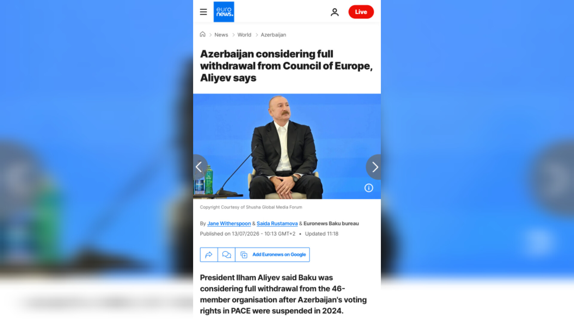 Prezident İlham Əliyevin IV Şuşa Qlobal Media Forumundakı çıxışı Pakistan və Avropa mediasının diqqət mərkəzində olub