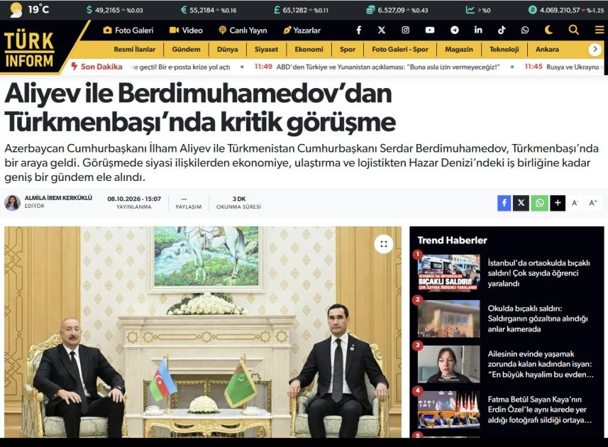 Türkiyə mediası Azərbaycan Prezidentinin Türkmənistana səfərini geniş işıqlandırıb