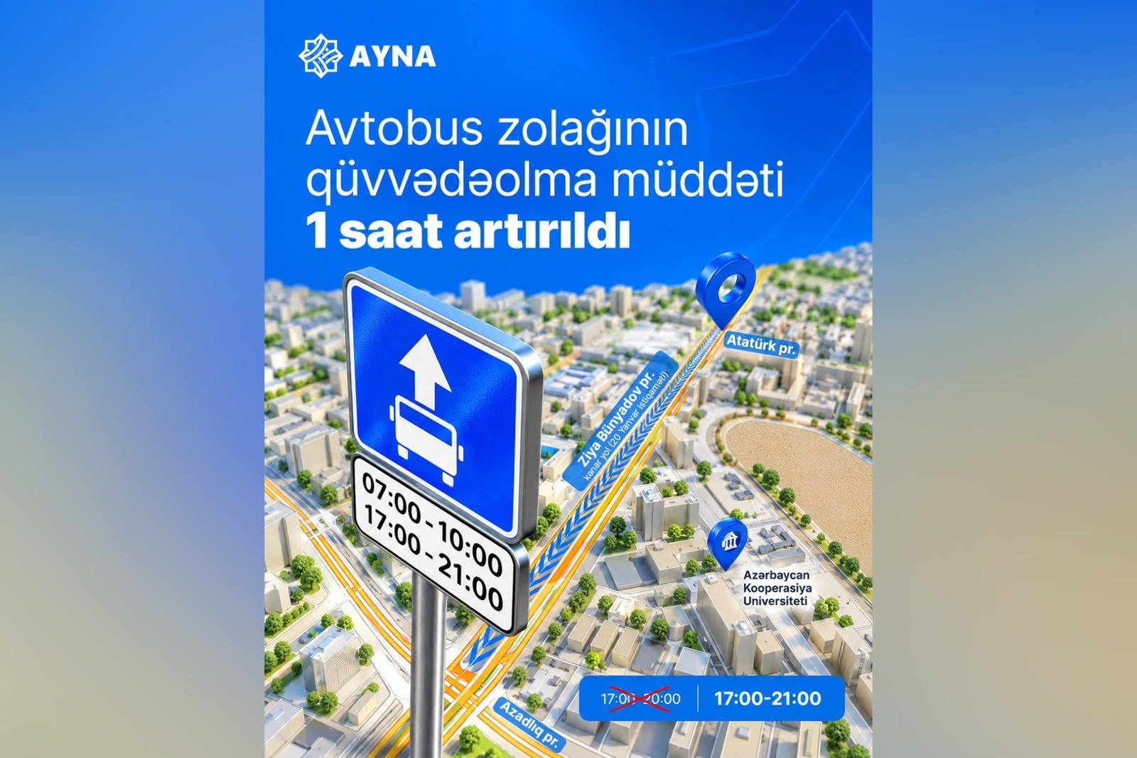 Ziya Bünyadov prospektinin bir hissində avtobus zolağının qüvvədəolma müddəti bir saat artırılıb